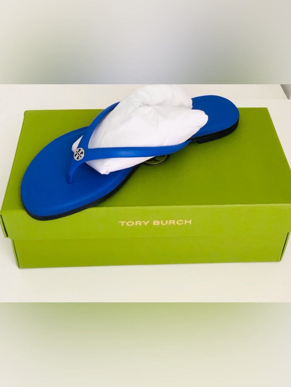 Tory Burch Chelsea Leather Flip Flop Sandals-Eccentric Blue Silver Logo